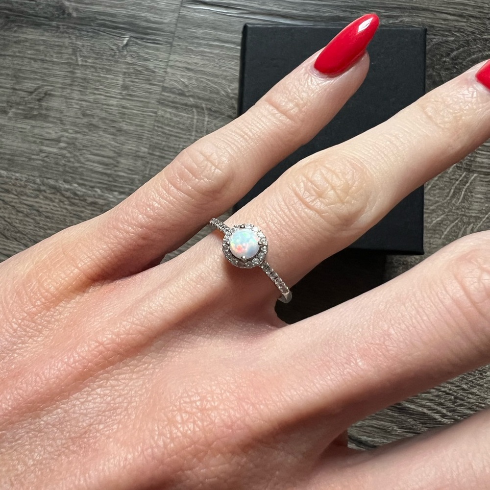 Zales Sterling Silver Opal Halo Ring White Sapphire Lab Opal Bridal - Picture 12 of 14